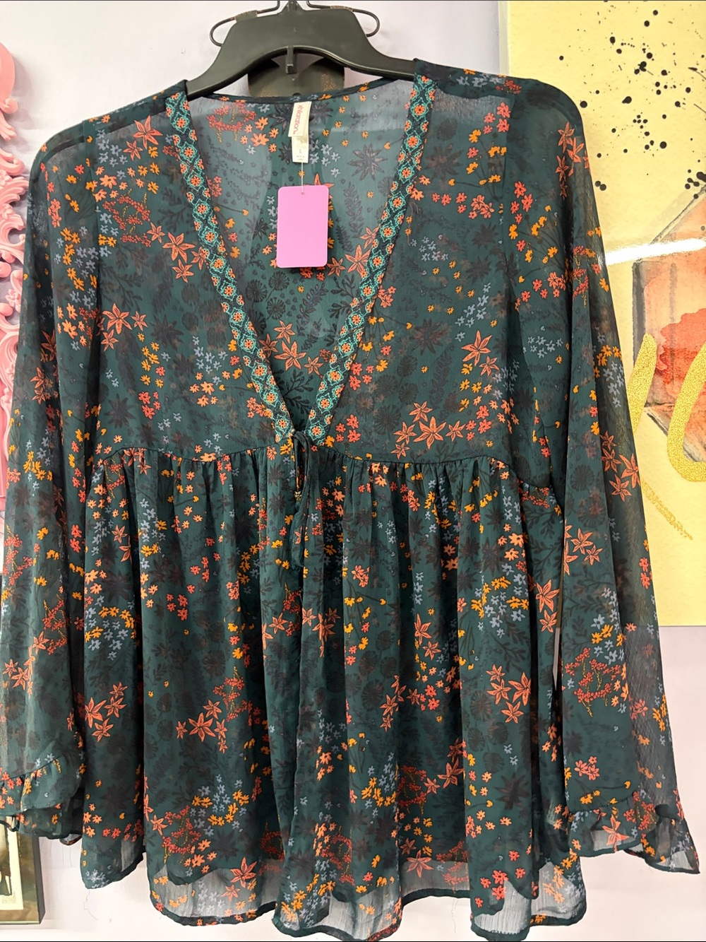 Floral Peasant Blouse Jacket - Dark Teal